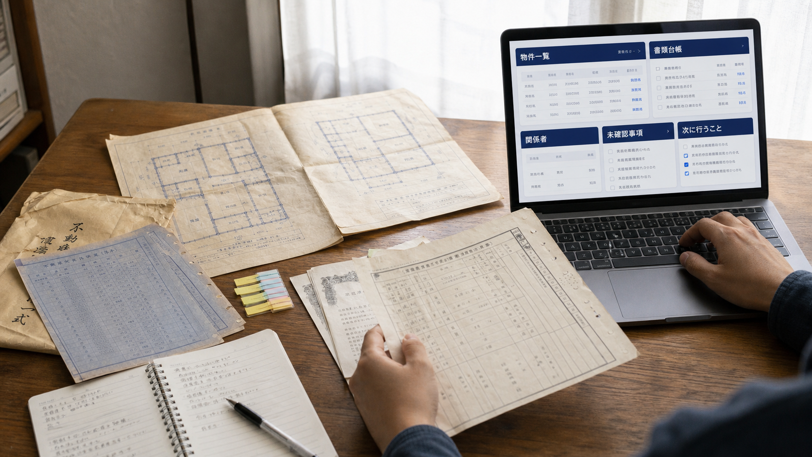 古い不動産書類を確認し、パソコン上の一覧データに整理している様子
